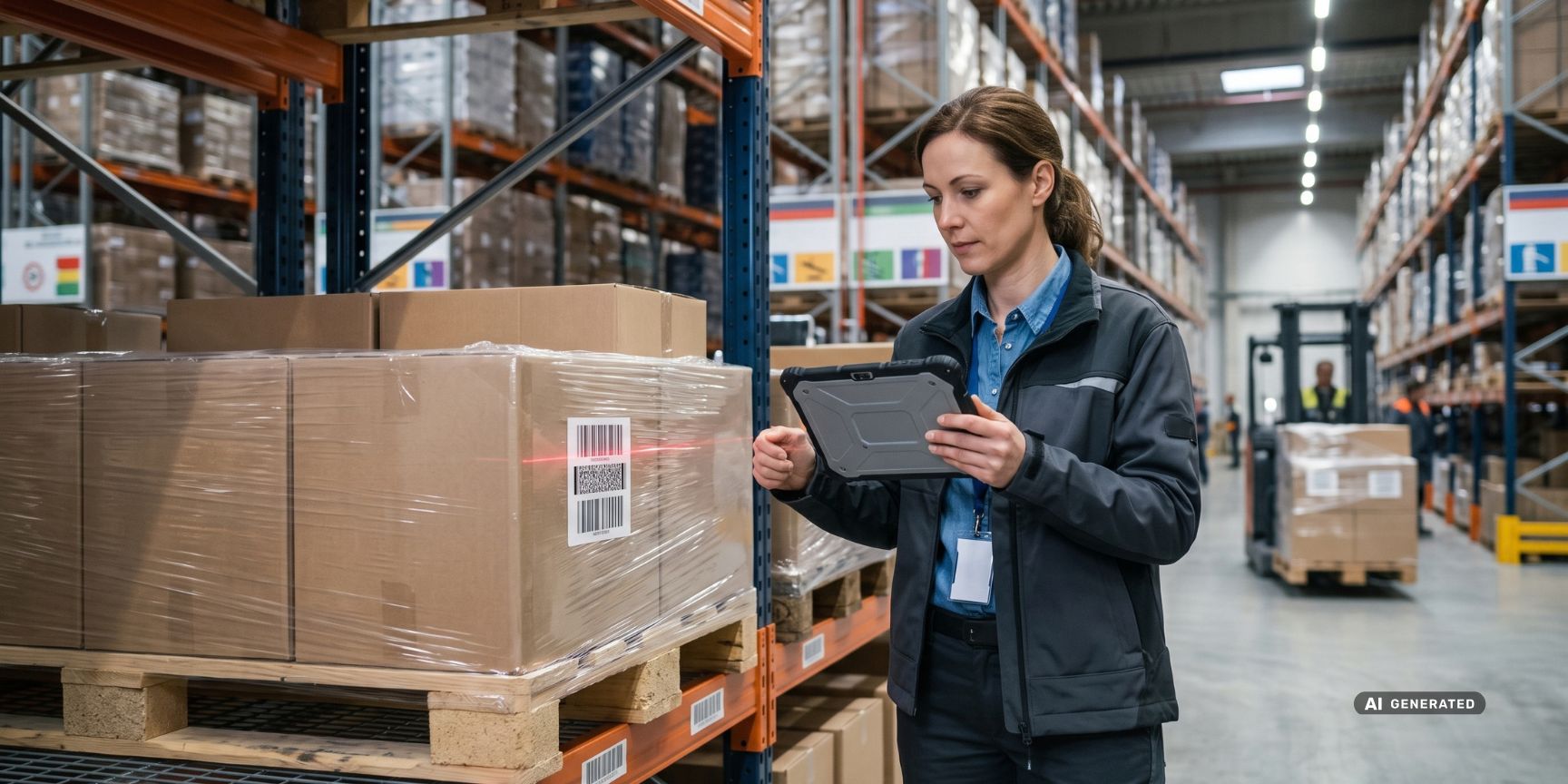 Logistics employee scans a pallet in a modern German high-bay warehouse with a tablet for seamless batch tracking in the supply chain.